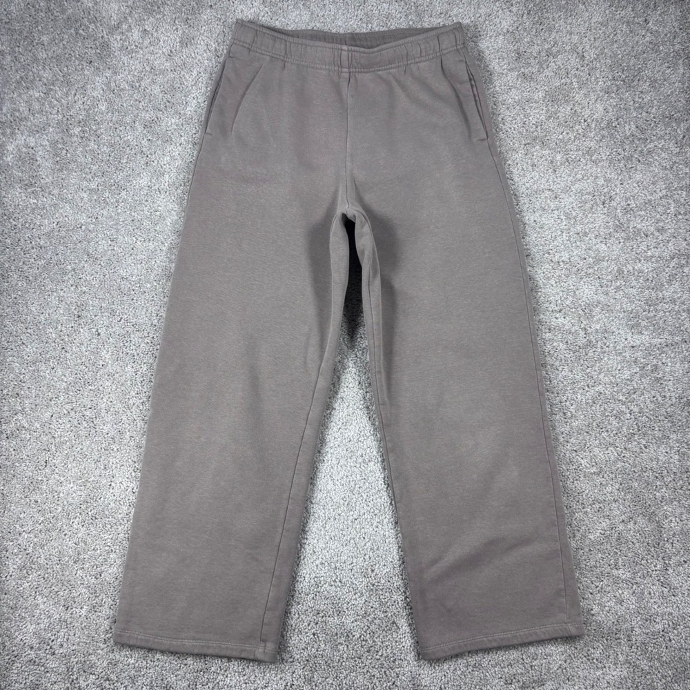 Reebok Womens Wide Leg Sweatpants Taupe Gray High Rise Fleece Lounge Pants 28x29